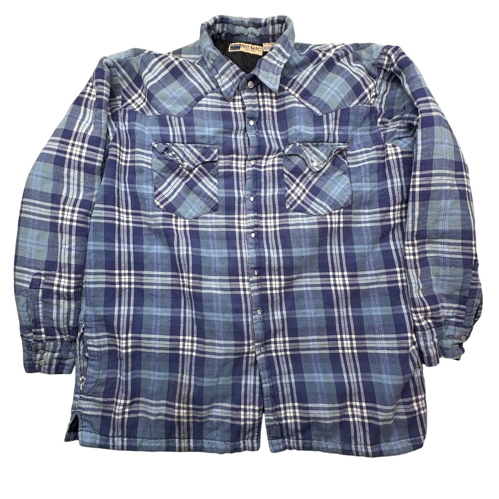 Vintage Big Mac Flannel Quilt Lined Pearl Snap Long Sleeve Shirt Mens 2XLT Blue